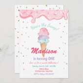 ピンクミントアイスクリームコーン紙吹雪誕生日招待状 招待状 (正面/裏面)