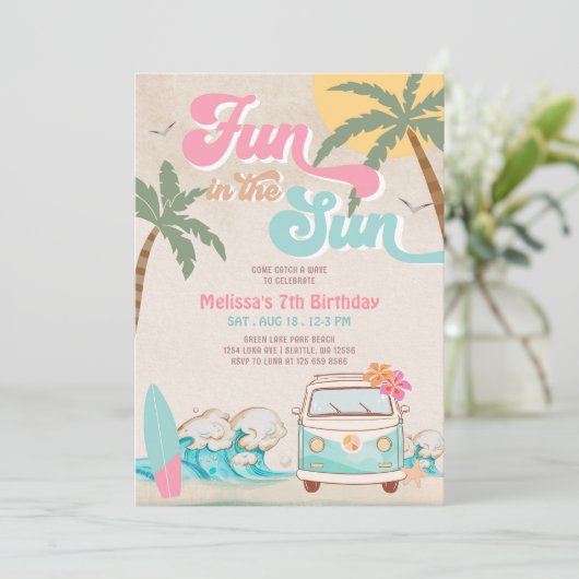 ピンクミントアクアガールおもしろいインザサン誕生日 招待状 (スタンド正面)