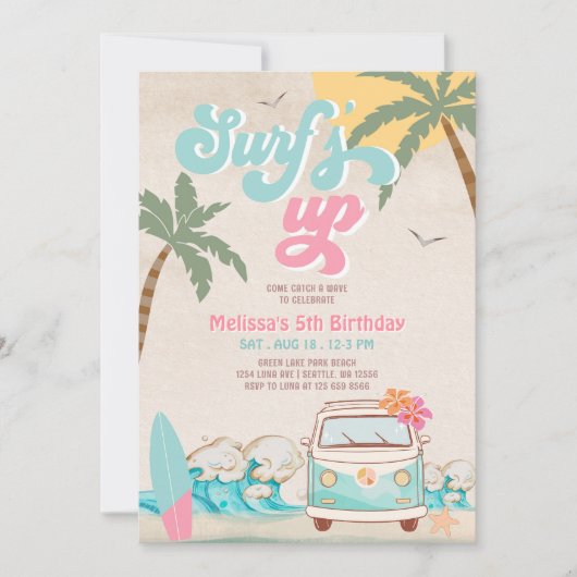 ピンクミントアクアガールサーフズアップサーフィン誕生日 招待状 (正面)