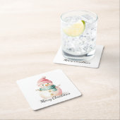 ピンクミントクリスマス雪だるま スクエアペーパーコースター (インサイチュ)