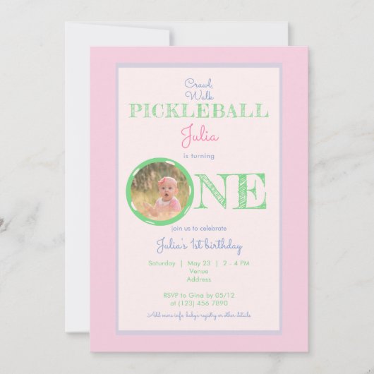 ピンクミントクロールウォークピックボールテーマ1st誕生日 招待状 (正面)