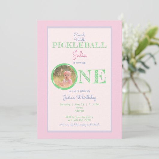 ピンクミントクロールウォークピックボールテーマ1st誕生日 招待状 (スタンド正面)