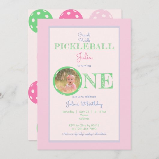 ピンクミントクロールウォークピックボールテーマ1st誕生日 招待状 (正面/裏面)