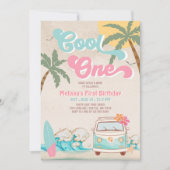 ピンクミントクールサーフィン1歳誕生日 招待状 (正面)