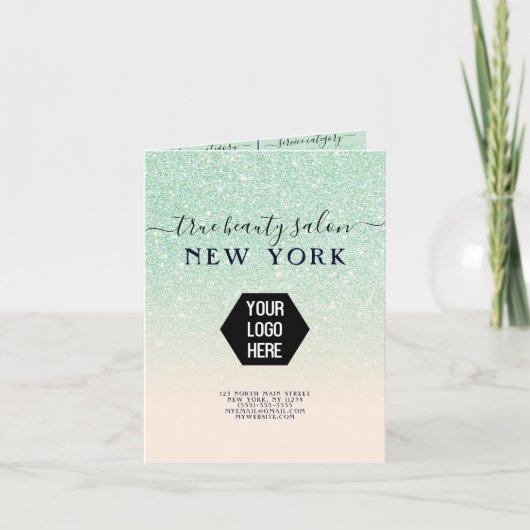 ピンクミントグリッターグラデーションロゴサロン価格表 ノートカード (正面)