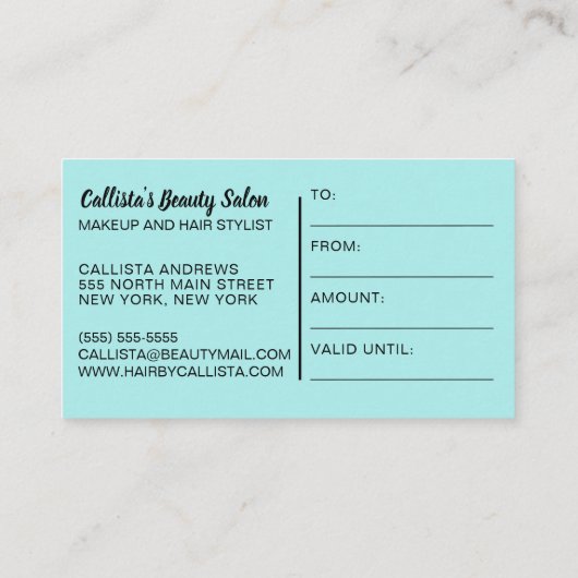 ピンクミントグリッタータイポグラフィギフト証明書 名刺 (裏面)