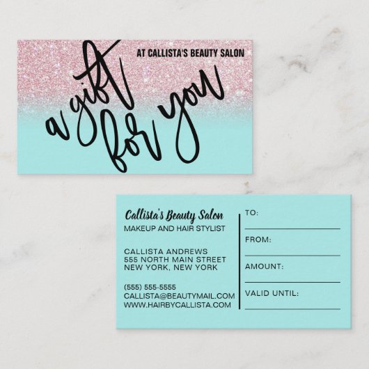 ピンクミントグリッタータイポグラフィギフト証明書 名刺 (正面/裏面)