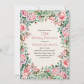 ピンクミントグリーンウォーターカラーフローラ75誕生日 招待状 (正面)