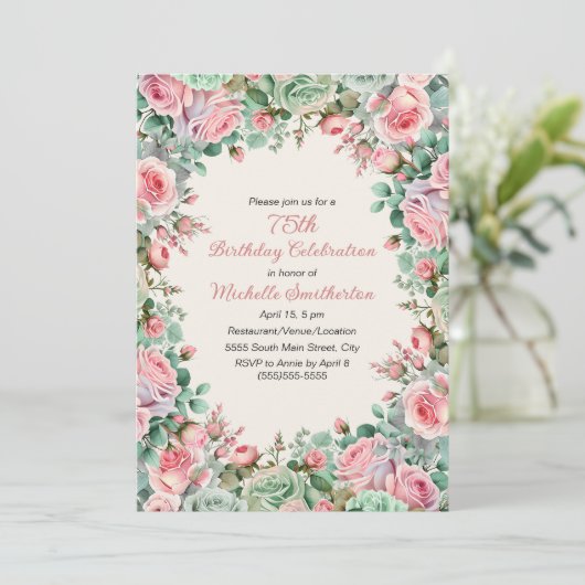 ピンクミントグリーンウォーターカラーフローラ75誕生日 招待状 (スタンド正面)