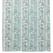 ピンクミントグリーンパステルフローラジンガムストライプズ シャワーカーテン (正面)