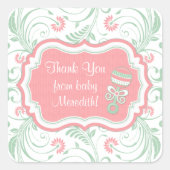 ピンクミントグリーンフローラ園区N参照ベビーシャワー好意 スクエアシール (正面)