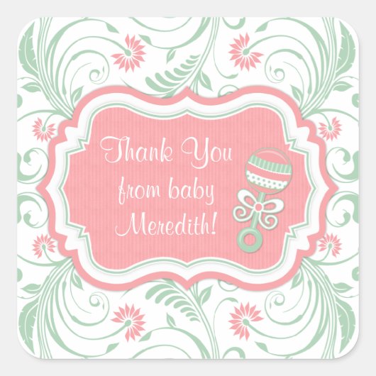 ピンクミントグリーンフローラ園区N参照ベビーシャワー好意 スクエアシール (正面)