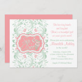 ピンクミントグリーンフローラSip N参照ベビーシャワー 招待状 (正面/裏面)