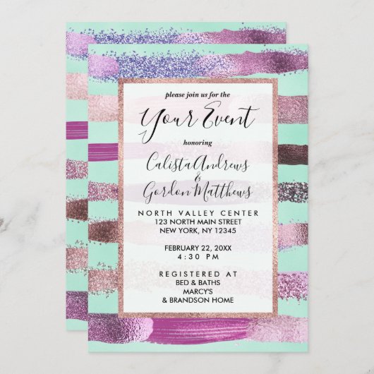 ピンクミントグリーン爪、 ネイルポーランドグリッターブラシストローク 招待状 (正面/裏面)