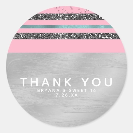 ピンクミントグリーン&シルバーグリッタースウィート16パーティー ラウンドシール (正面)