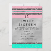 ピンクミントグリーン&シルバーグリッタースウィート16パーティー 招待状 (正面)