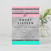 ピンクミントグリーン&シルバーグリッタースウィート16パーティー 招待状 (スタンド正面)