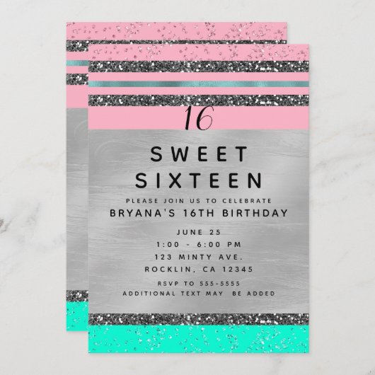 ピンクミントグリーン&シルバーグリッタースウィート16パーティー 招待状 (正面/裏面)
