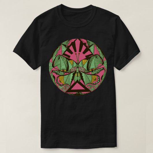 ピンクミントサンライズ抽象芸術蝶 Tシャツ (デザイン正面)
