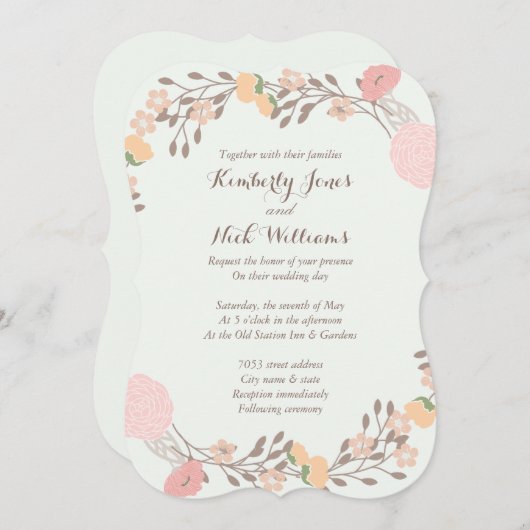 ピンクミントスウィートフローラリースウェディング招待状 招待状 (正面/裏面)