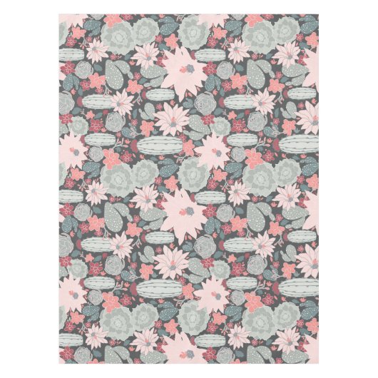 ピンクミントパターンのサボテンと多肉植物 テーブルクロス (正面)