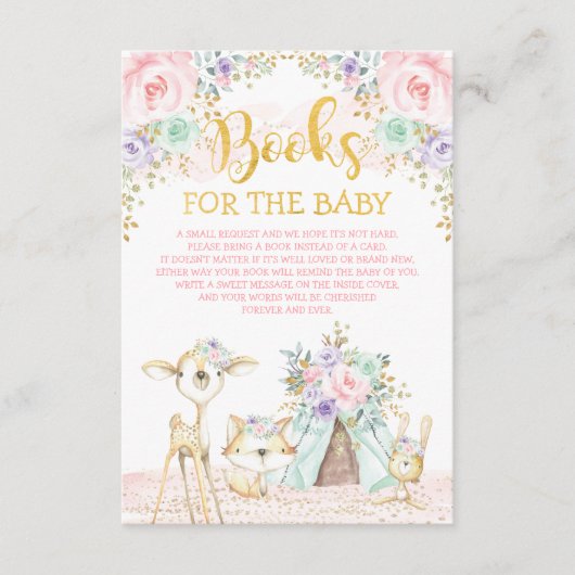 ピンクミントパープルウッドランド動物の本を読む エンクロージャーカード (正面)