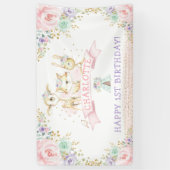 ピンクミントパープルフローラウッドランドハッピーバースデー 横断幕 (縦)