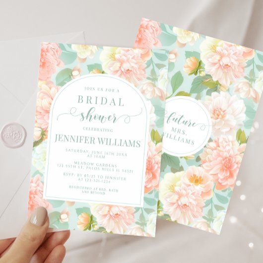 ピンクミントピーニーフローラボホアーチブライダルシャワー 招待状
