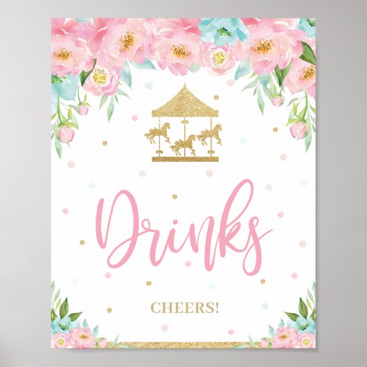 ピンクミントフローラ回転木馬誕生日シャワードリンク ポスター (正面)