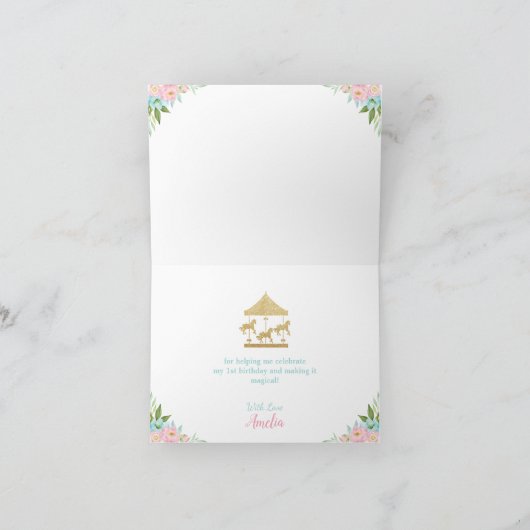 ピンクミントフローラ回転木馬誕生日パーティーありがとう カード (内部)