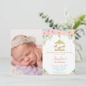 ピンクミントフローラ回転木馬1st誕生日パーティー写真 招待状 (スタンド正面)