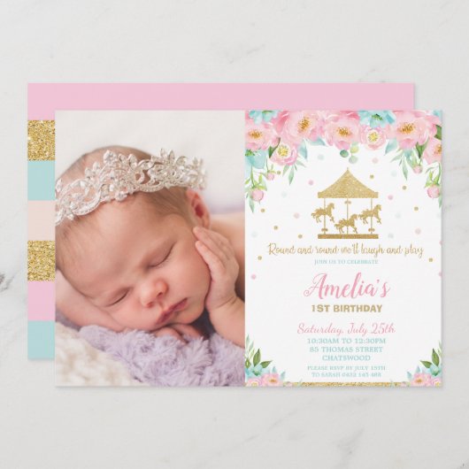 ピンクミントフローラ回転木馬1st誕生日パーティー写真 招待状 (正面/裏面)