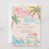 ピンクミントワンザサンサーフィン1歳の誕生日 招待状 (正面)