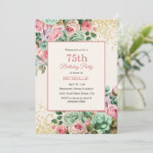 ピンクミントヴィンテージフローラ金ゴールドグリッター75誕生日 招待状 (スタンド正面)