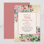 ピンクミントヴィンテージフローラ金ゴールドグリッター75誕生日 招待状 (正面/裏面)