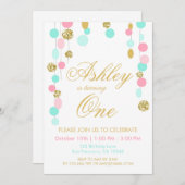 ピンクミント金ゴールドグリッター誕生日 招待状 (正面/裏面)