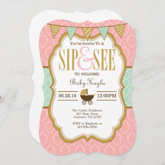 ピンクミント金ゴールドSipとsee招待状 招待状 (正面/裏面)