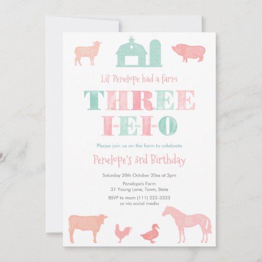 ピンクミントTHREE-IEIOガール第3誕生日パーティー 招待状 (正面)