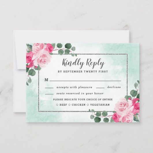 ピンクミール選択グリーンウォーター色のフローラ結婚ズ 出欠カード (正面)