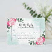 ピンクミール選択グリーンウォーター色のフローラ結婚ズ 出欠カード (スタンド正面)