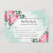 ピンクミール選択グリーンウォーター色のフローラ結婚ズ 出欠カード (正面/裏面)