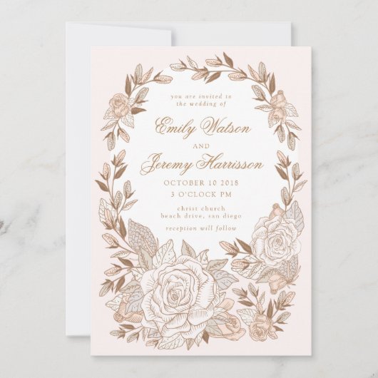 ピンクムスクバラクラウンヴィンテージウェディング招待状 招待状 (正面)