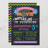 ピンクムービー&ウォータースライド子供の誕生日サマーパーティー 招待状 (正面/裏面)