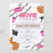 ピンクムービー&ピザナイト誕生日パーティーへの招待 招待状 (正面/裏面)