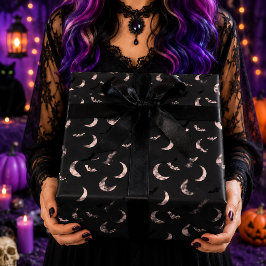 ピンクムーンとコウモリの天体ハロウィンパターン ラッピングペーパー