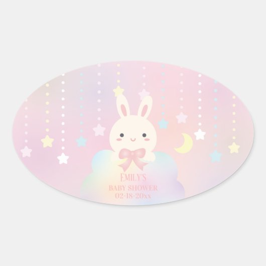 ピンクムーンとスターズリトルバニーガールベビーシャワー 楕円形シール (正面)