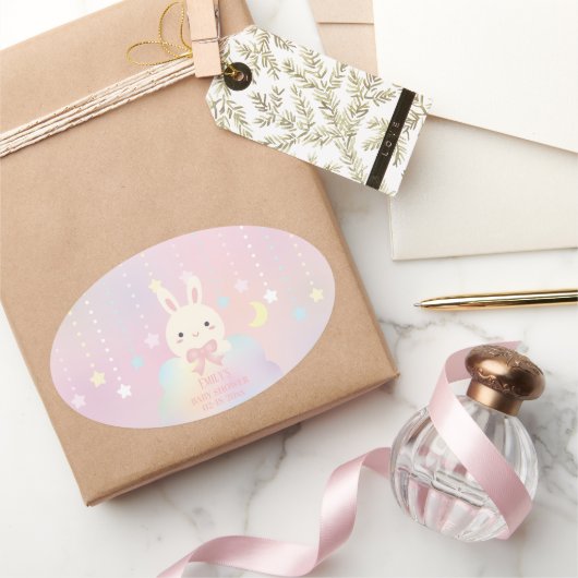 ピンクムーンとスターズリトルバニーガールベビーシャワー 楕円形シール (ギフト)