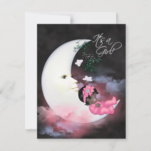 ピンクムーンアフリカ系アメリカ人ベビーガールシャワー 招待状 (正面)