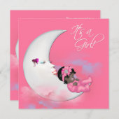 ピンクムーンアフリカ系アメリカ人ベビーガールシャワー 招待状 (正面/裏面)
