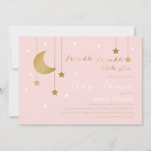 ピンクムーンアンドスターズベビーシャワー招待状 招待状 (正面)